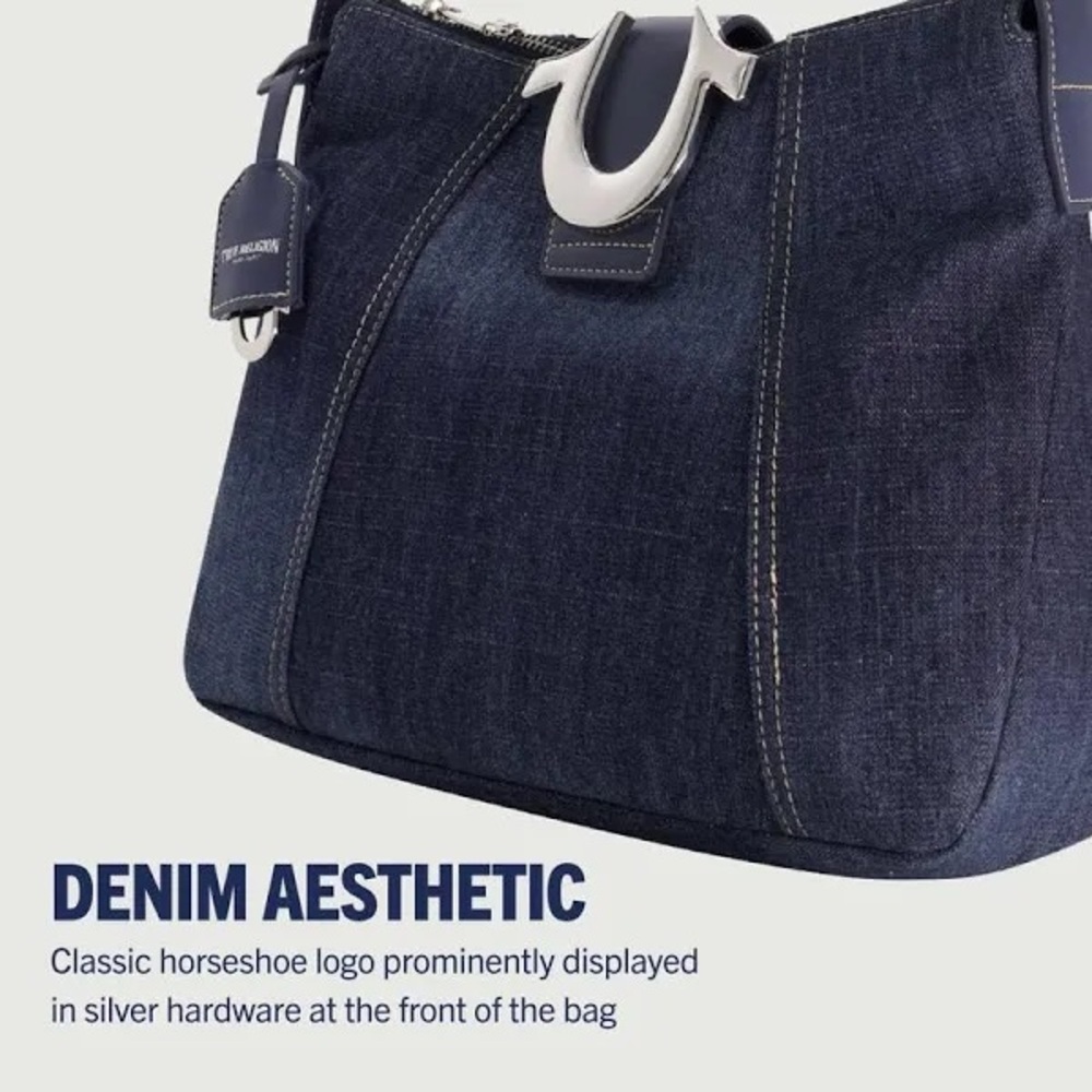 True Religion Horseshoe Dark Blue Denim Hobo Shoulder Women's Bag - Picture 7 of 16